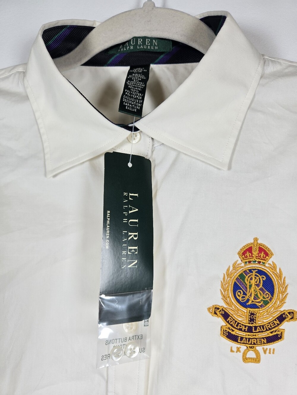 NEW Lauren Ralph Lauren Embroidered Crest Ivory Long Sleeve Button Down Top XL - Picture 3 of 16
